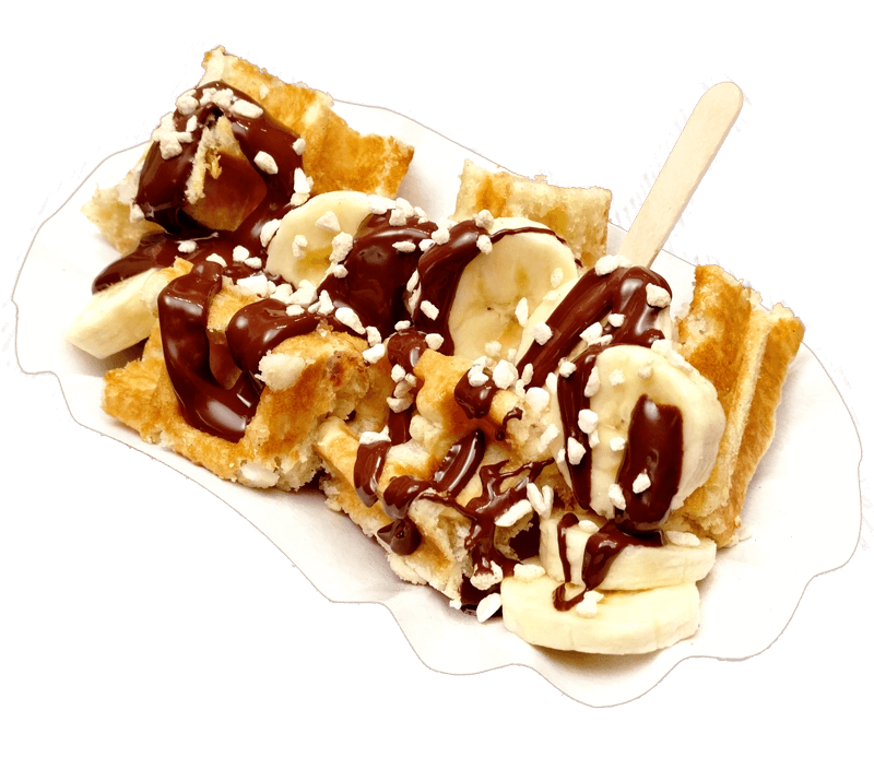 Original belgische Waffeln als Waffel Konfekt mit Banane, echter belgischer Pralinenschokolade und Zimtzucker Streusseln